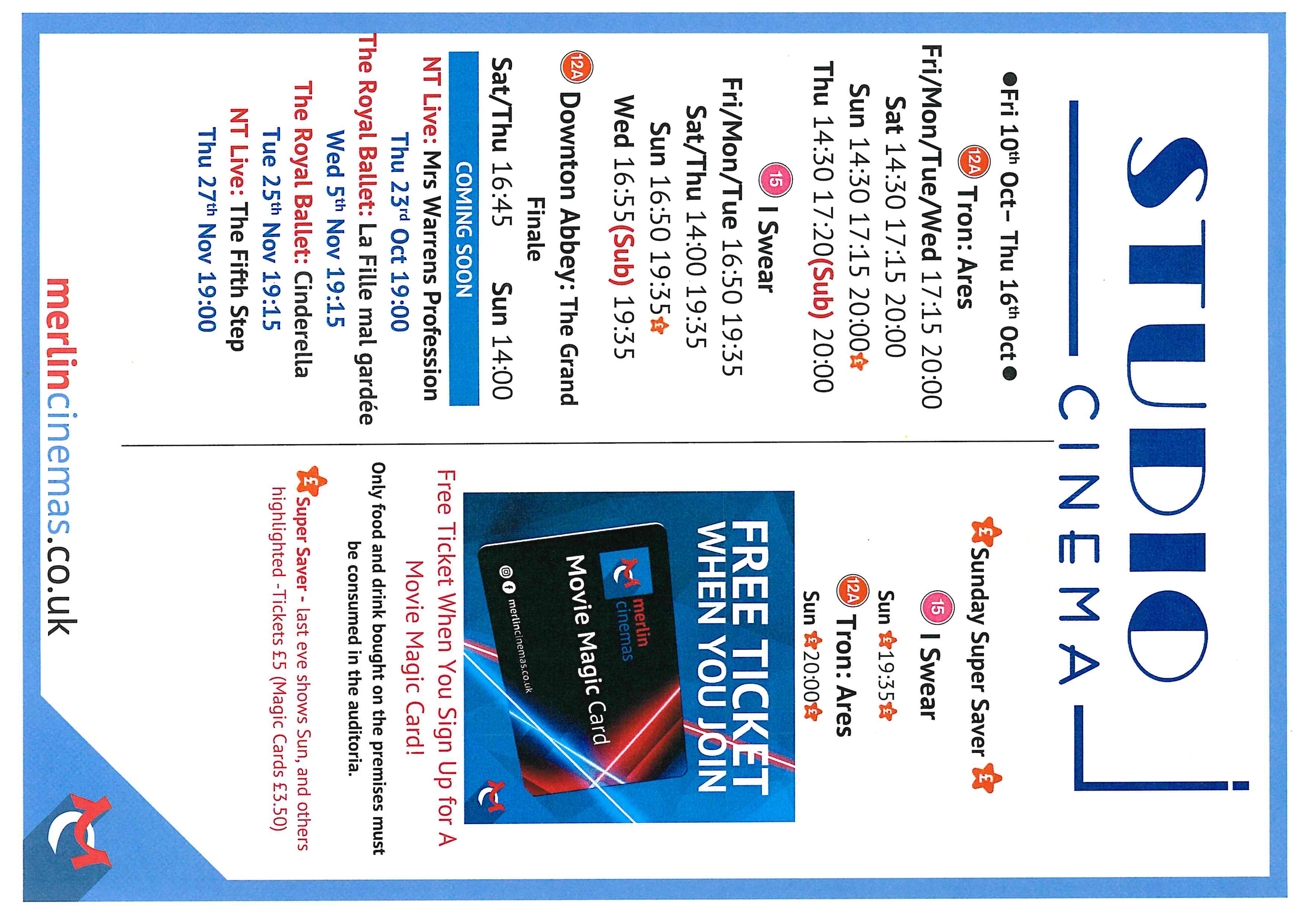 Studio Cinema Listings Fri 10th Oct - Thur 16th Oct